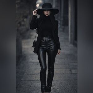 Elegant Black Faux Leather Straight Leg Slip-in Pants